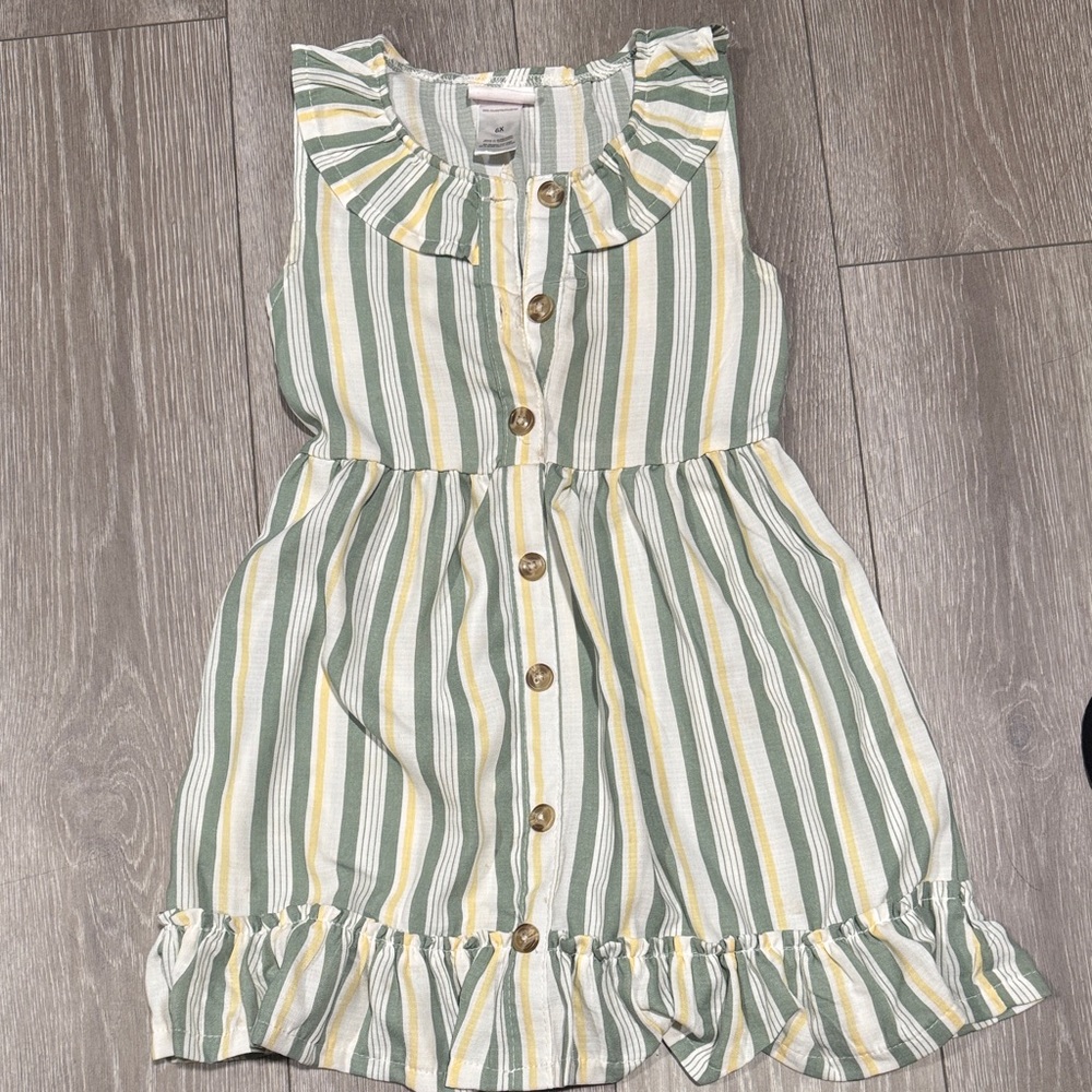 Little Lass Striped Dress with Ruffles in Green and Yellow